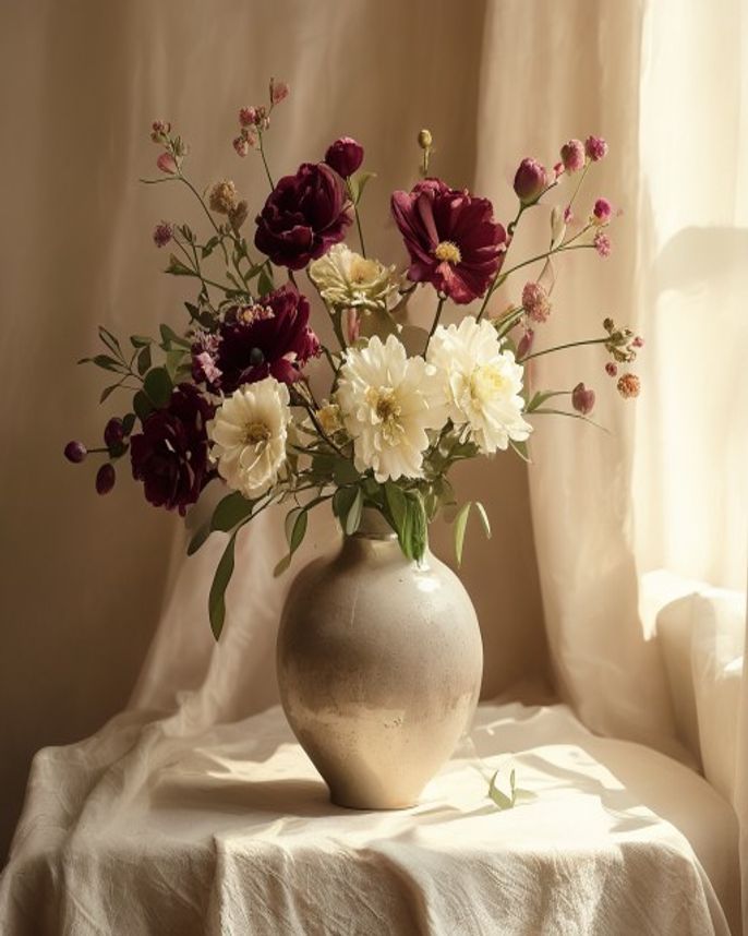 A romantic arrangement of dusty rose and burgundy blooms with olive foliage in a matte ceramic vase