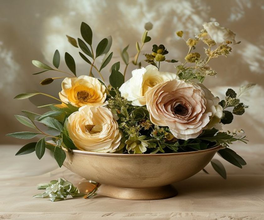 A low wide compote arrangement of olive foliage, cream ranunculus and amber accents on herbarium paper