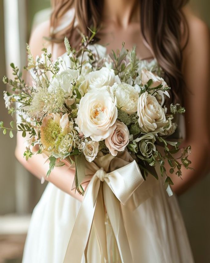 A hand-tied bridal bouquet of blush and ivory garden blooms with trailing greenery and silk ribbon