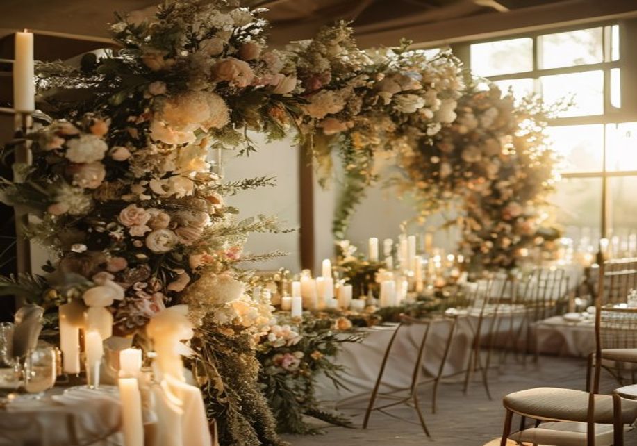 A romantic wedding installation with a lush floral arch and a long candlelit tablescape at golden hour