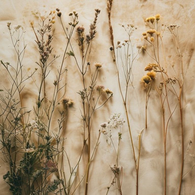 Foraged wildflowers, branches and grasses laid on warm herbarium paper