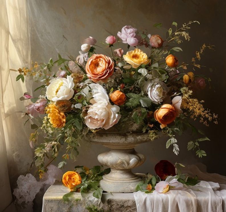An overflowing seasonal arrangement of dusty-rose peonies and olive foliage on a stone pedestal in a bright studio