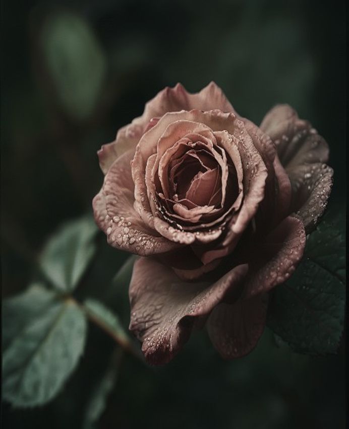 Extreme close-up of a single dewy garden rose in full bloom against dark shadow