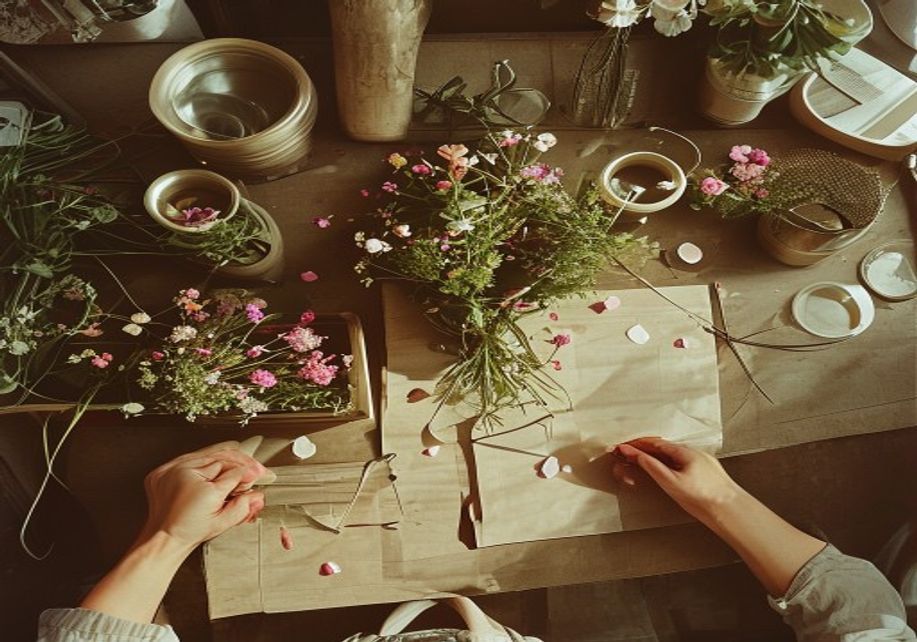A florist's workbench from above with buckets of cut stems, shears, twine and loose petals on kraft paper